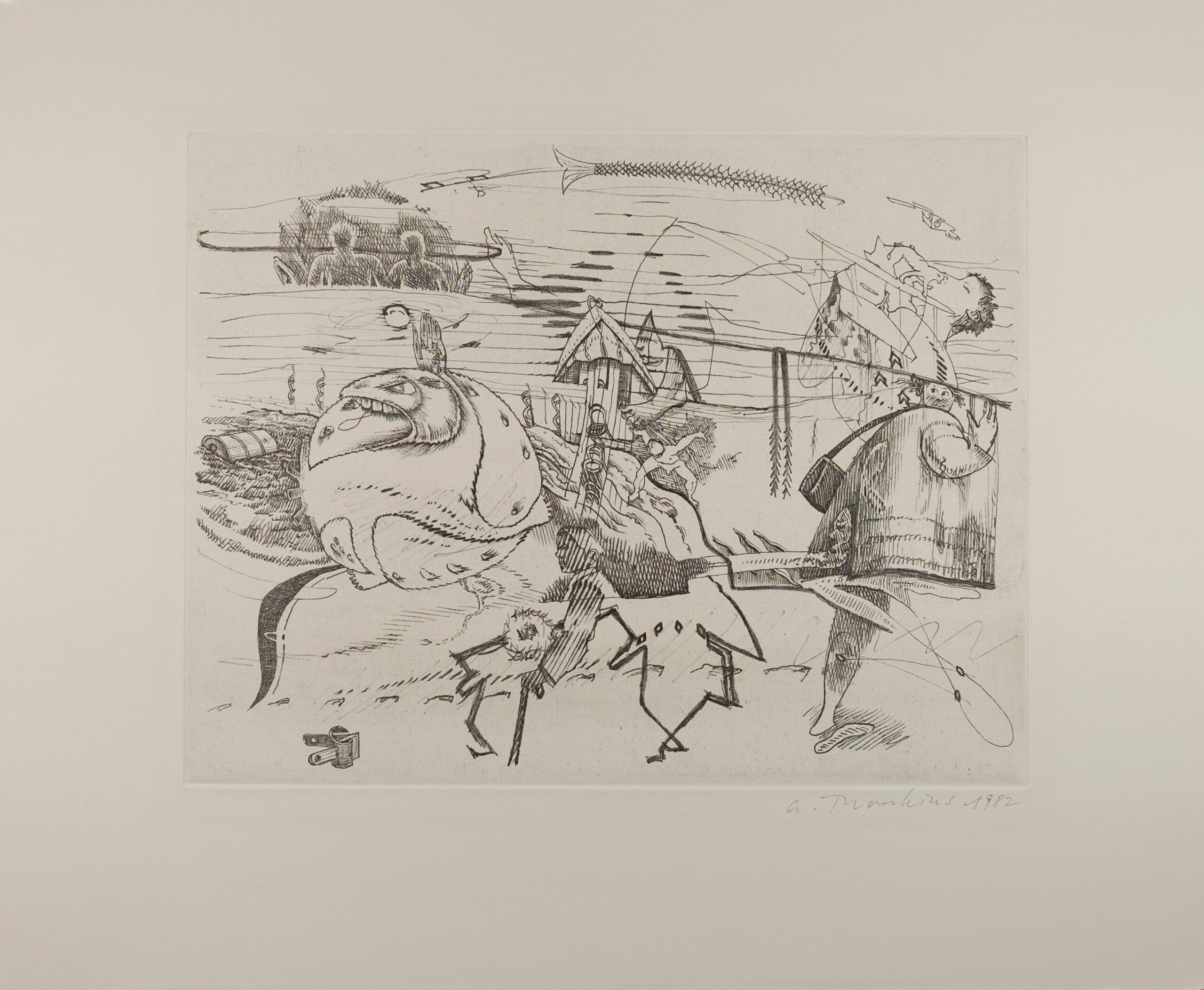 André Thomkins (1930-1985), Olten Netlo, 1982, Radierung auf Bütten, 38 x 46 cm, Sammlung Kunsthaus Grenchen, © André Thomkins Estate, Foto: Laura Hadorn